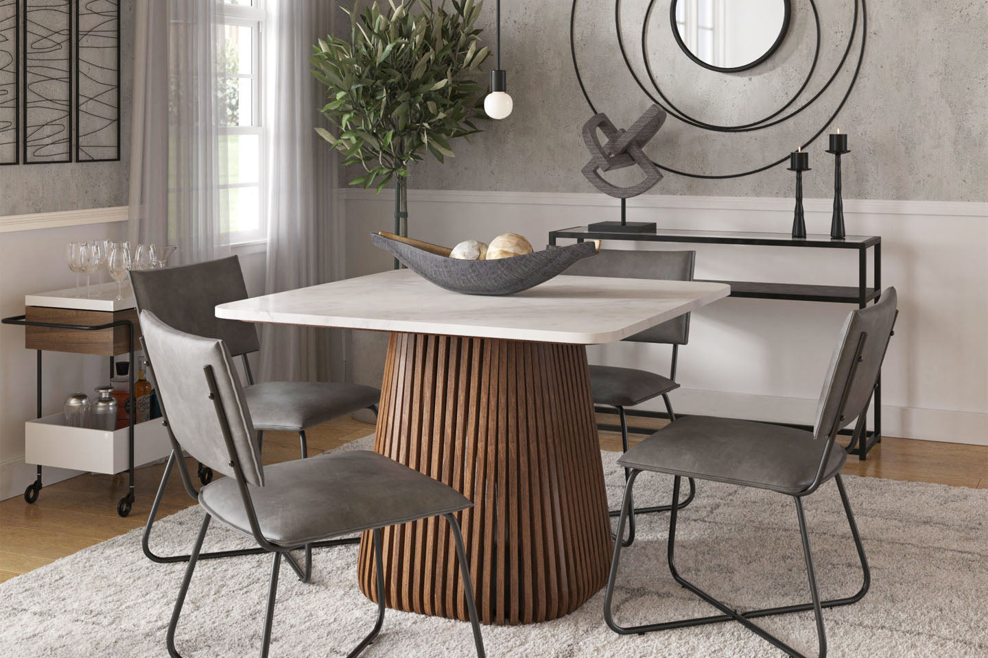 Kendall Square Top Dining Table, White Marble, Solid Wood