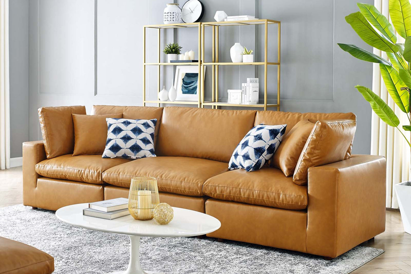 Commix Deep Seat Sectional Sofa, 3 Seater, Tan Imitation Leather